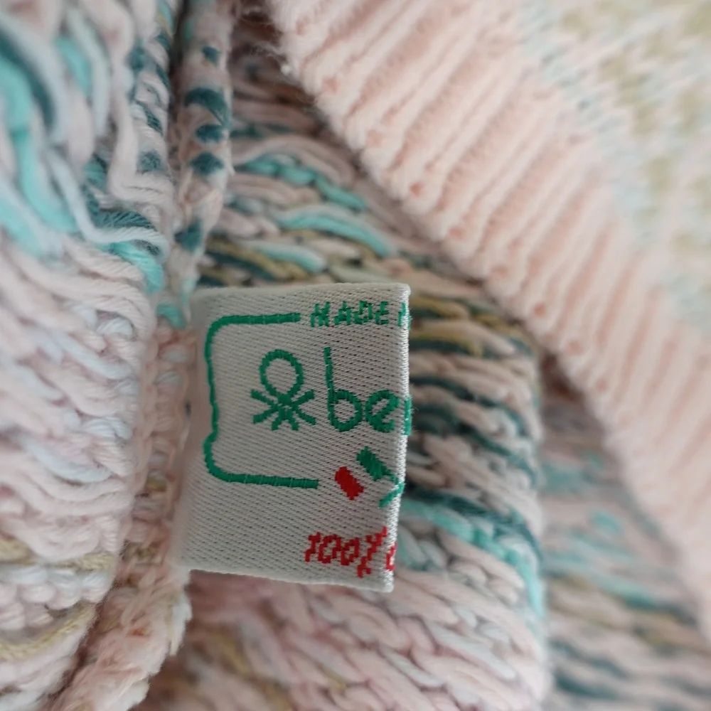 Vintage 90s Benetton Sweater Vest Womens L Pink Fair Isle Henley Knit Italy Prep
